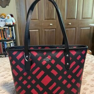 Coach Red and Black Plaid Tote
